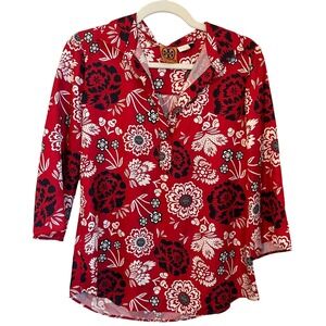 Tory Burch Sample Piece Silk Blouse Size 6 Red Navy White Signature Floral